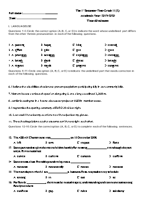 Đề kiểm tra học kì I môn Tiếng Anh Lớp 11 - Năm học 2019-2020 (Có đáp án)